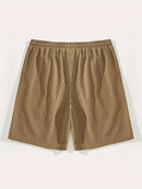 Calções Casuais Masculinos com Textura, Cintura com Cordão, Tecido Leve de Poliéster, Bolsos para Uso Diário, Praia ou Atividades ao Ar Livre | Calções com Cordão | Calções Leves